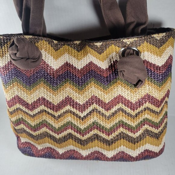 Braciano Brown Neutral Classic Everyday Beach Resort Chevron Woven Shoulder Bag - Picture 5 of 10
